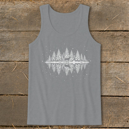 Grey tank top with white graphic of deer in snowy forest reflected in water.