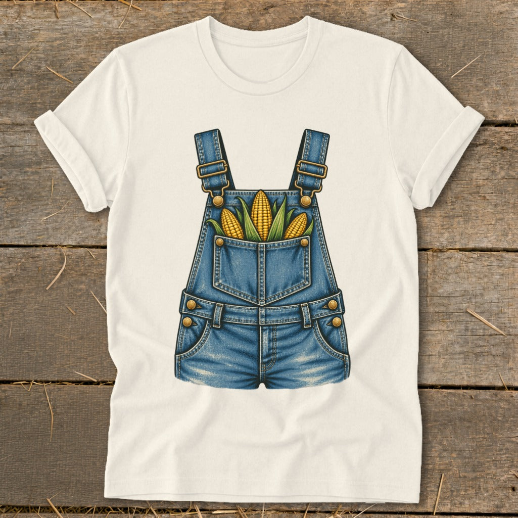 Denim overalls with three corn cobs in the front pocket on a cream t-shirt.