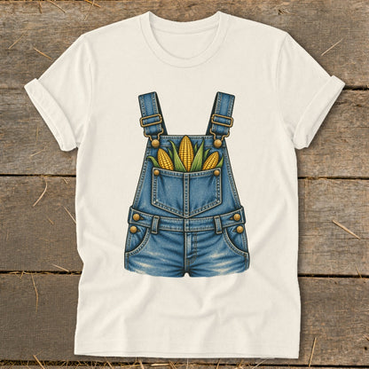 Denim overalls with three corn cobs in the front pocket on a cream t-shirt.