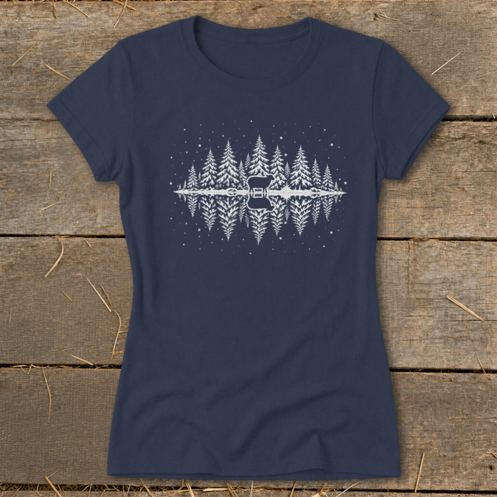 Navy t-shirt with white silhouette of pine trees reflected in water with a deer.