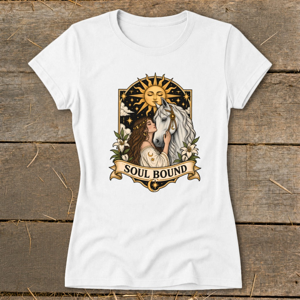 Woman with horse under sun, "Soul Bound" text on banner.