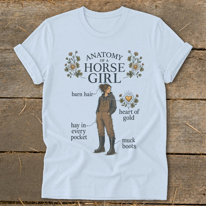 White t-shirt with "Anatomy of a Horse Girl" graphic and humorous labels.