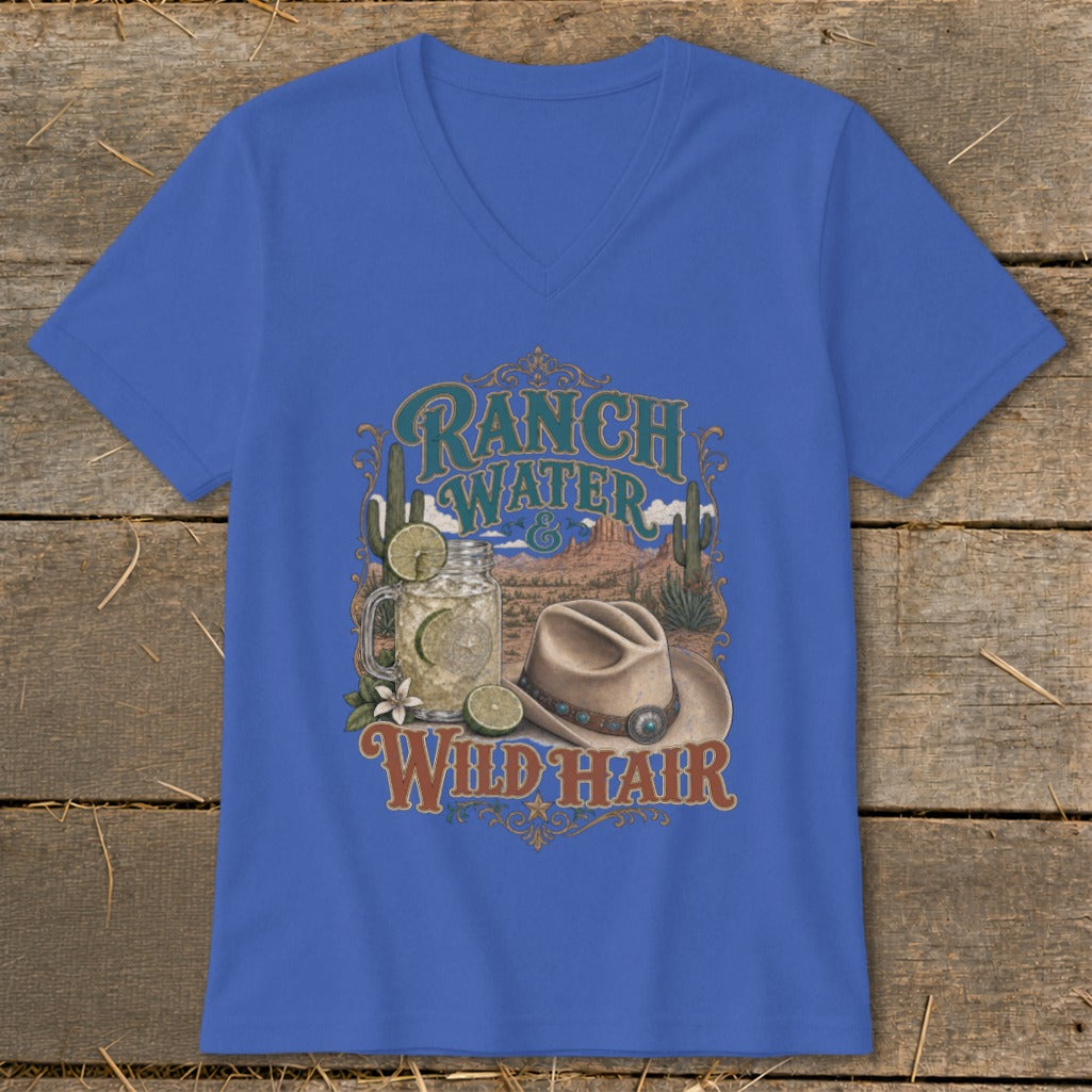 Blue t-shirt with "Ranch Water Wild Hair" text and desert scene with cowboy hat.