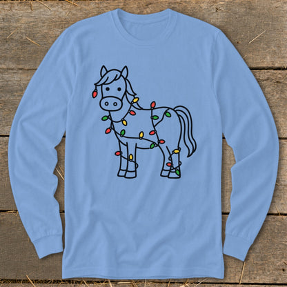 Line drawing of a horse wrapped in colorful Christmas lights on a light blue long-sleeve shirt.