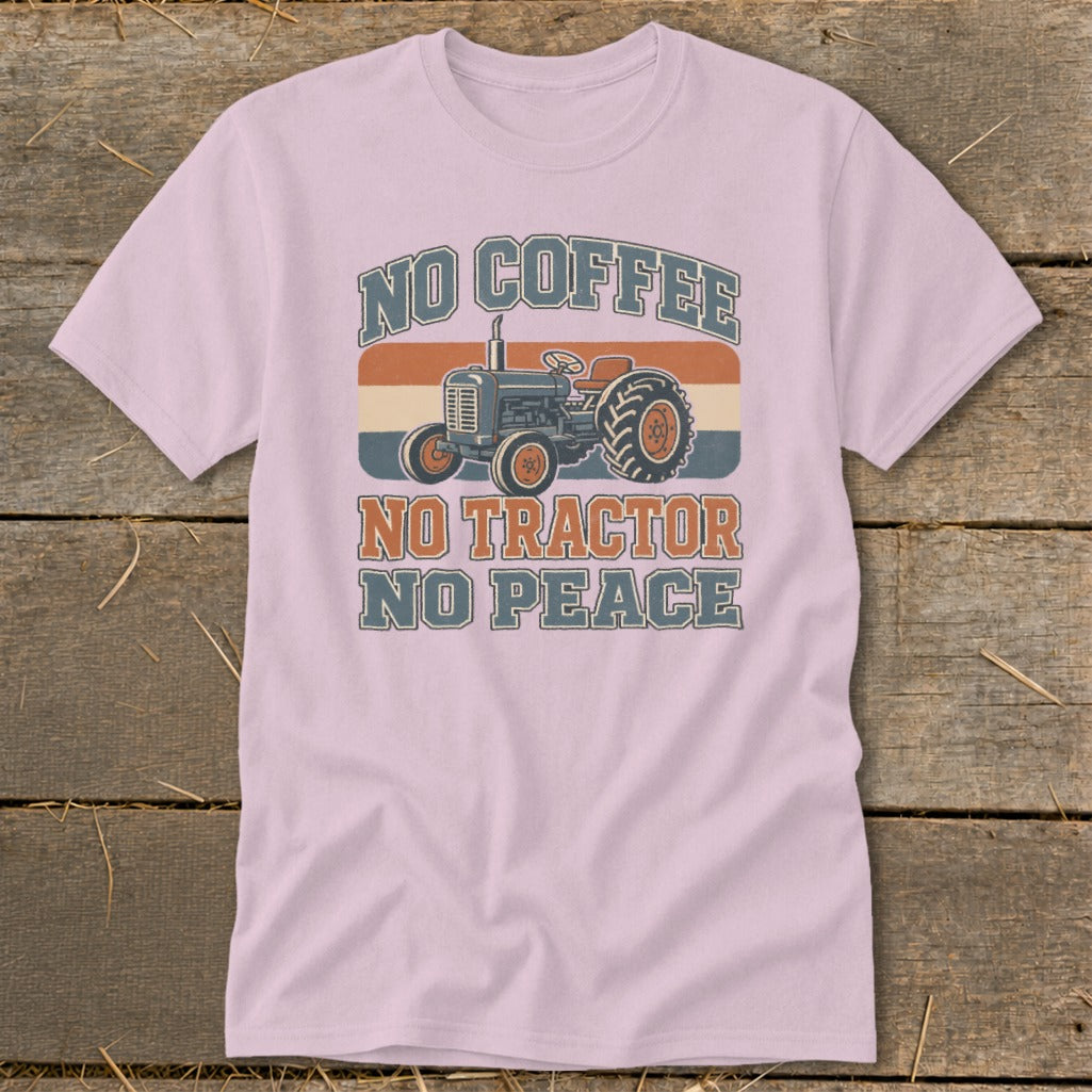 Pink t-shirt with a retro tractor graphic and text "NO COFFEE NO TRACTOR NO PEACE".
