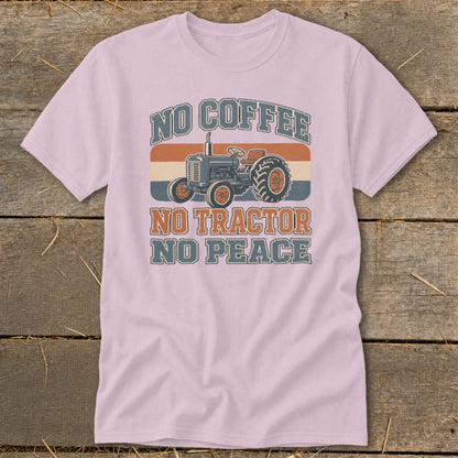 Pink t-shirt with a retro tractor graphic and text "NO COFFEE NO TRACTOR NO PEACE".