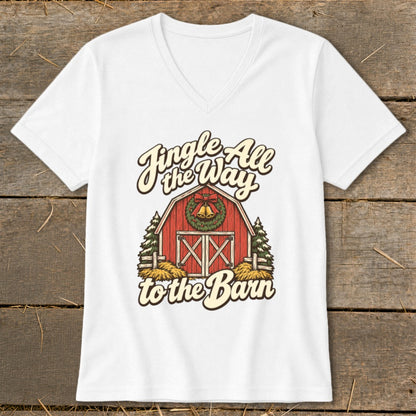 White t-shirt with "Jingle All the Way to the Barn" text and a red barn illustration.