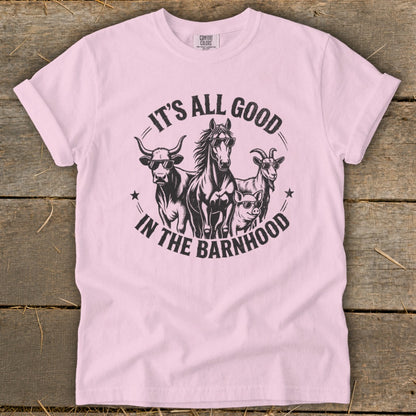 Pink t-shirt with "It's All Good In The Barnhood" graphic featuring farm animals.