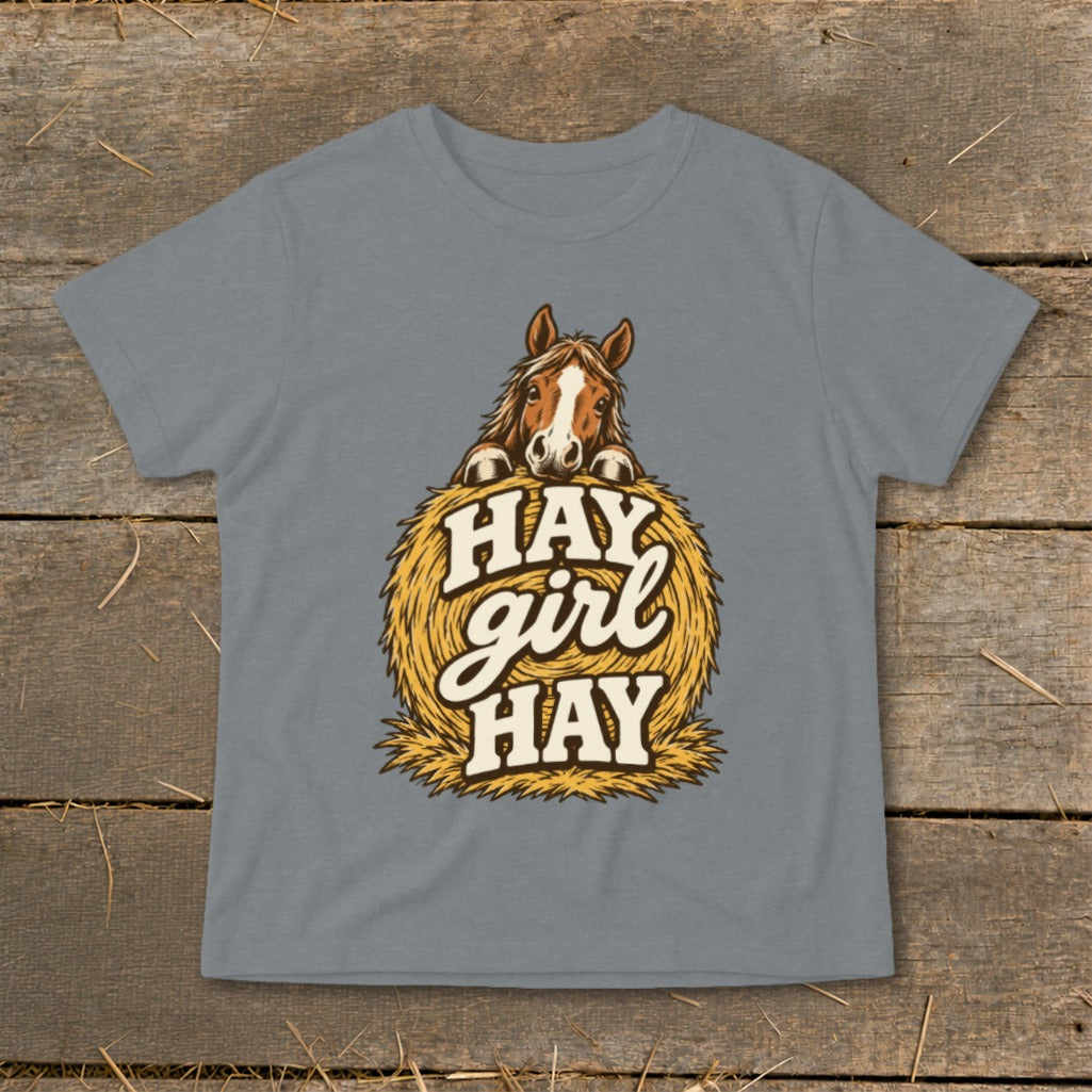 Grey t-shirt with horse peeking over a haystack with "Hay girl Hay" text.