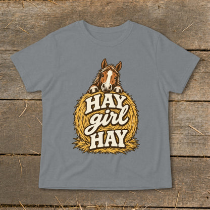 Grey t-shirt with horse peeking over a haystack with "Hay girl Hay" text.