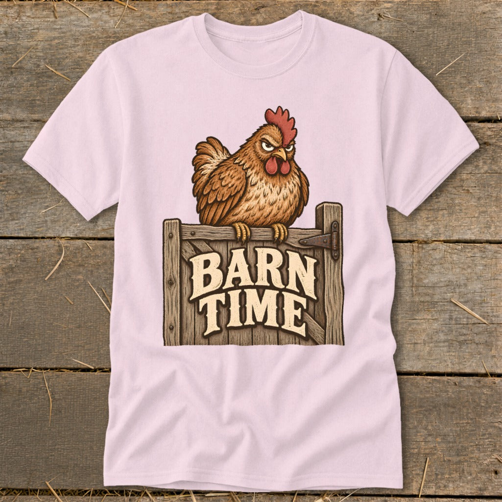 Pink t-shirt with illustration of angry chicken on wooden gate that says "BARN TIME".