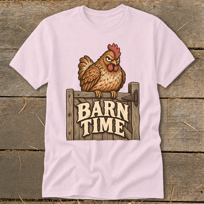 Pink t-shirt with illustration of angry chicken on wooden gate that says "BARN TIME".