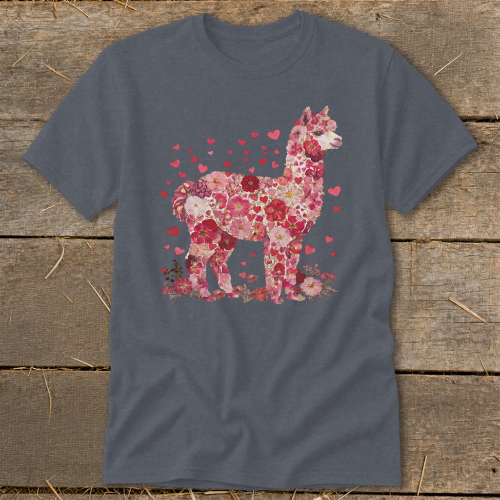 Alpaca made of pink and red flowers and hearts on a gray t-shirt.