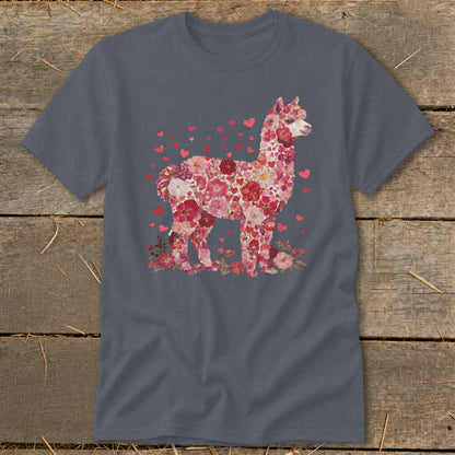 Alpaca made of pink and red flowers and hearts on a gray t-shirt.