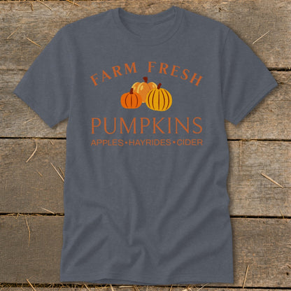 Dark grey t-shirt with "Farm Fresh Pumpkins" and autumn activities.