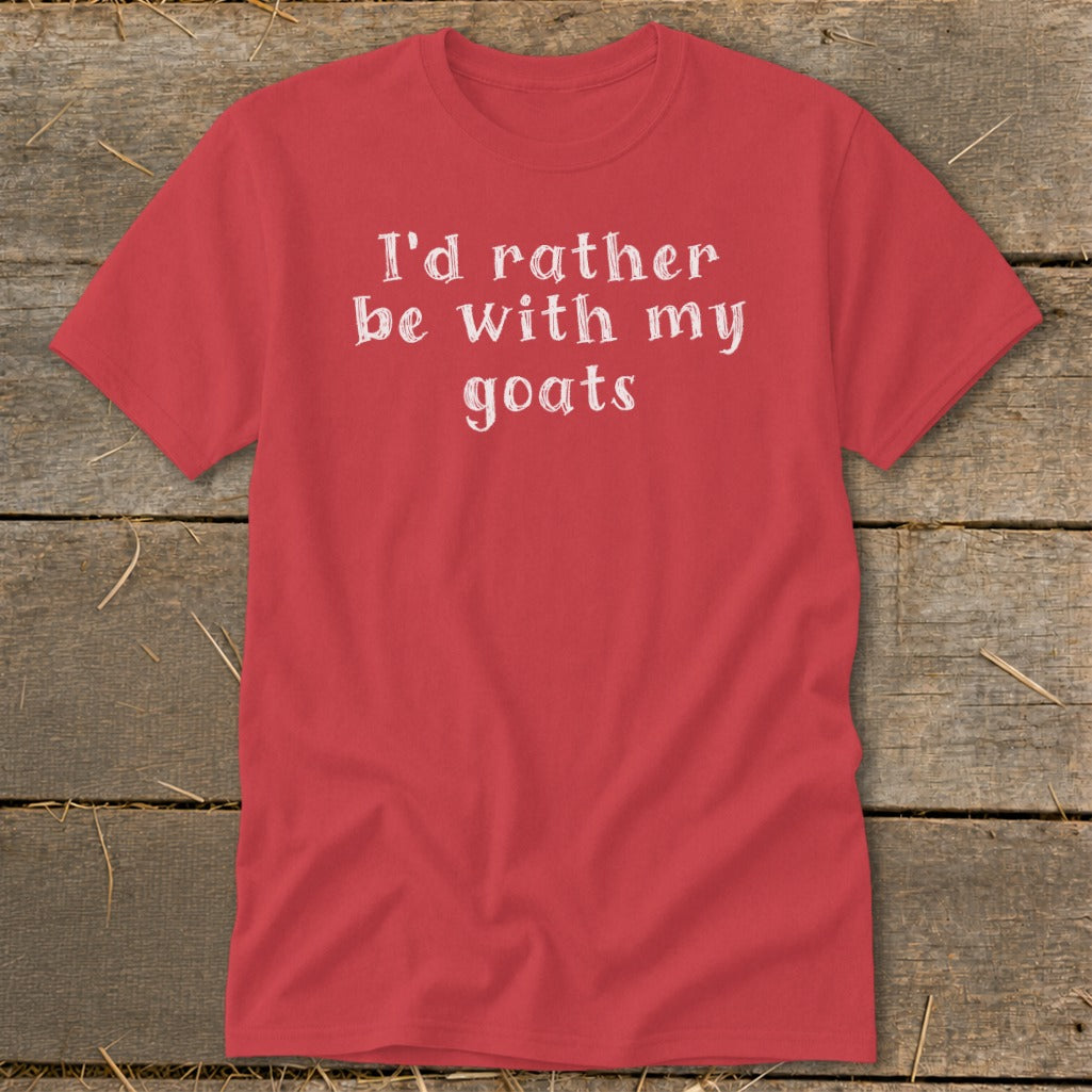Coral t-shirt with white text that reads "I'd rather be with my goats."