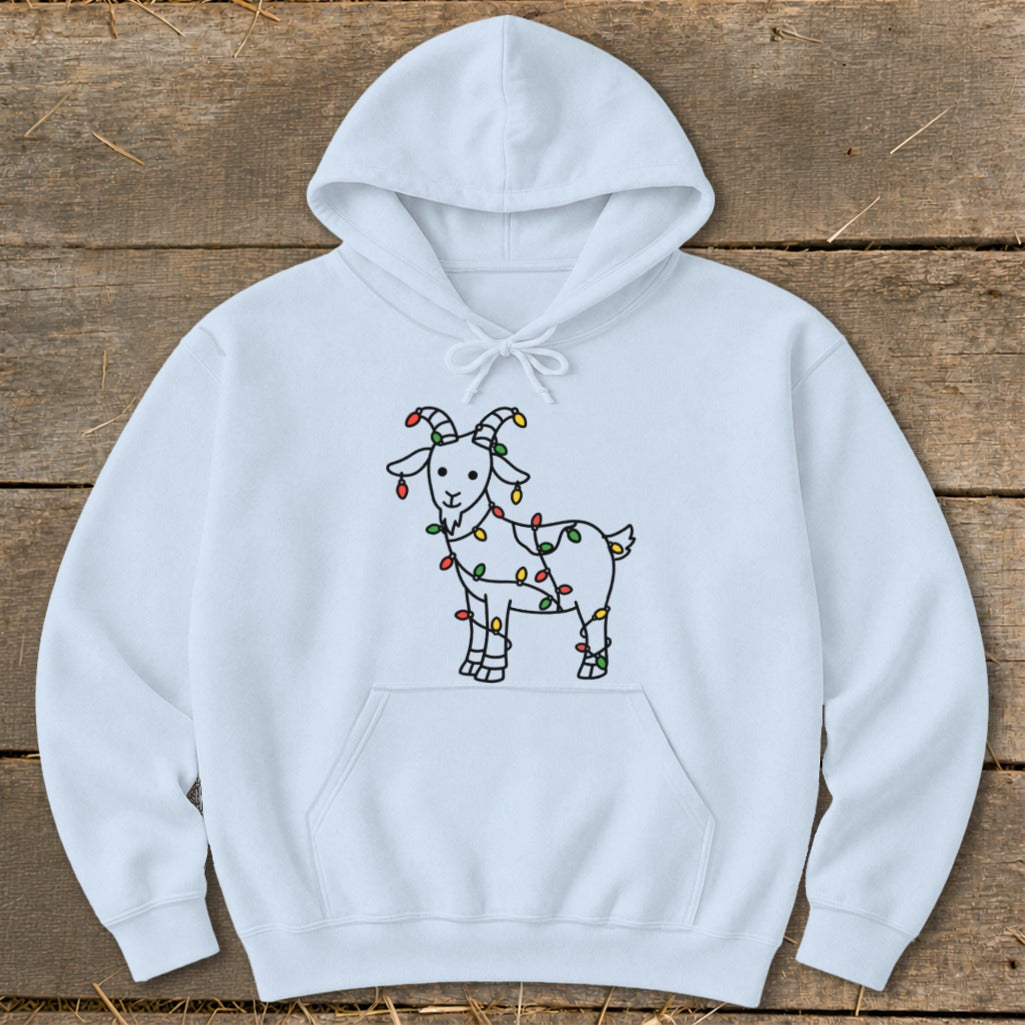 White hoodie with a cartoon goat wrapped in colorful Christmas lights.
