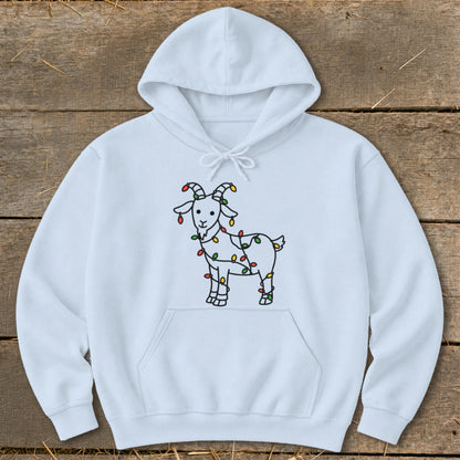 White hoodie with a cartoon goat wrapped in colorful Christmas lights.