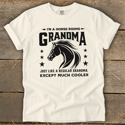 Cream t-shirt with "I'm a Horse Riding Grandma Except Much Cooler" text and horse graphic.