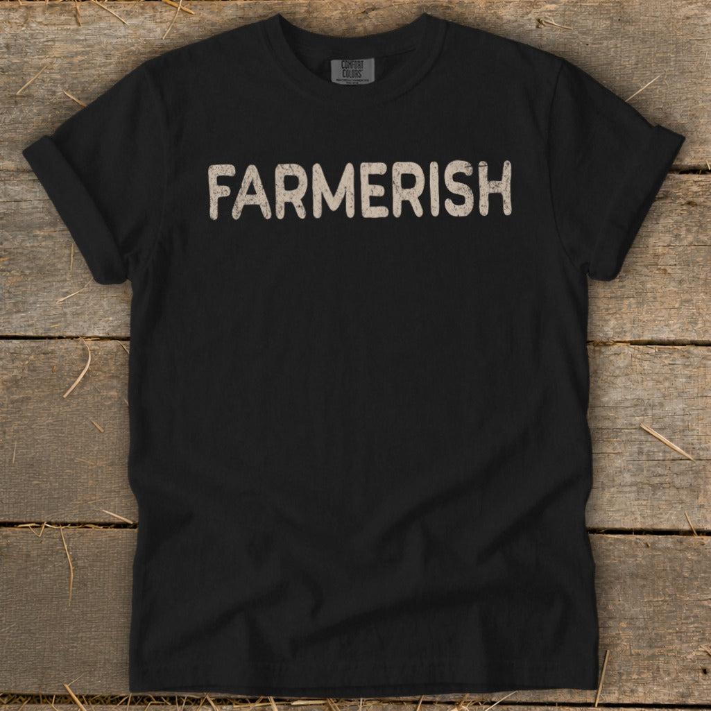 Black t-shirt with "FARMERISH" printed in distressed white text.