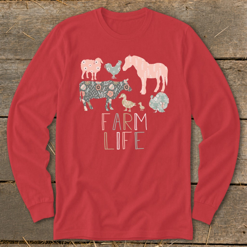 Red long-sleeve shirt with "FARM LIFE" text and a farm animal graphic.