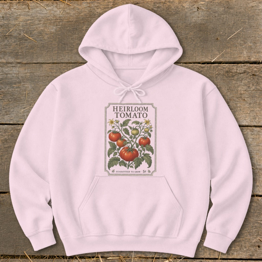 Pink hoodie with an heirloom tomato graphic and text.