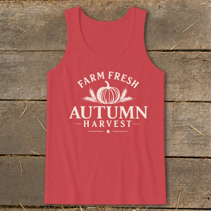 Red tank top with "Farm Fresh Autumn Harvest" pumpkin and wheat graphic.