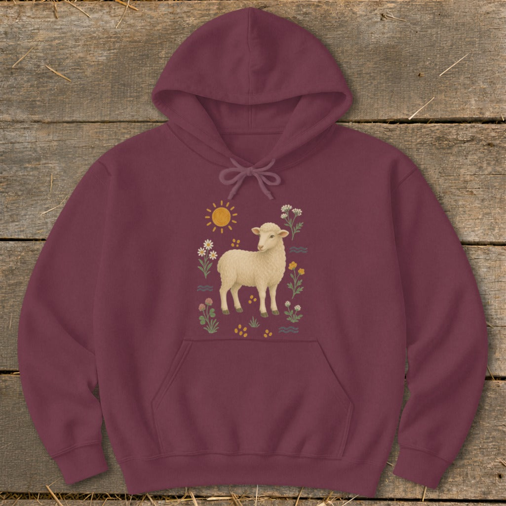 Maroon hoodie with a sheep surrounded by flowers and a sun graphic.