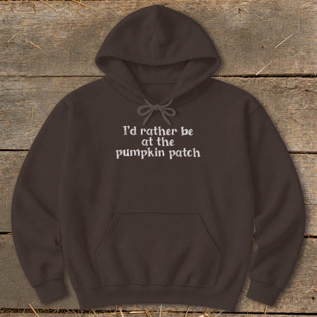 Brown hoodie with white text reading "I'd rather be at the pumpkin patch".