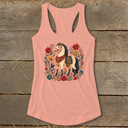 Peach tank top with a detailed illustration of a horse surrounded by colorful flowers.
