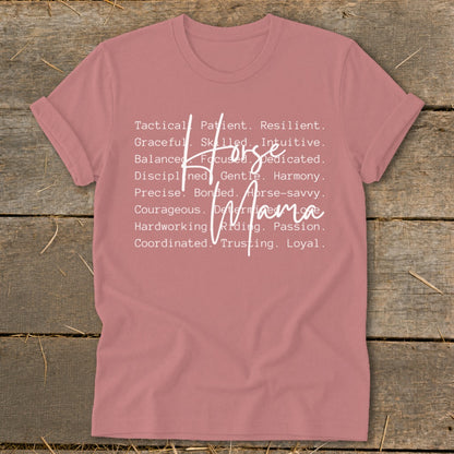 Mauve t-shirt with "Horse Mama" and a list of descriptive words.