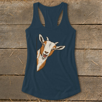 Navy tank top with a curious goat peeking from the left side.