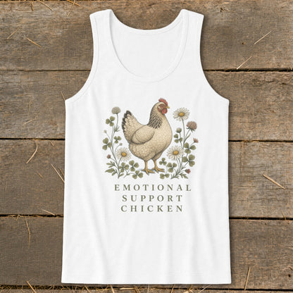 White tank top with "Emotional Support Chicken" text and illustration of a chicken among flowers.