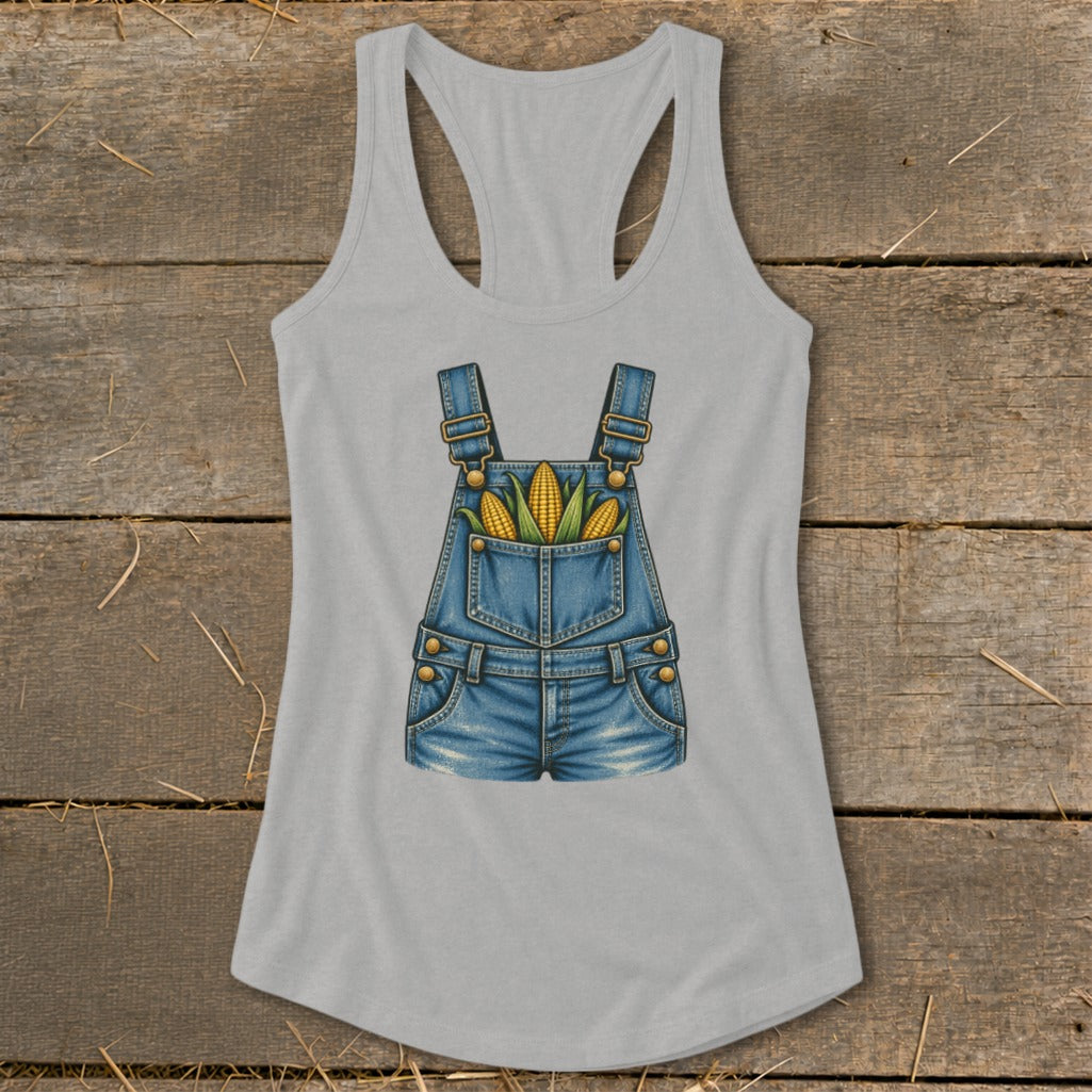 Gray tank top with a denim overalls graphic featuring corn in the pockets.