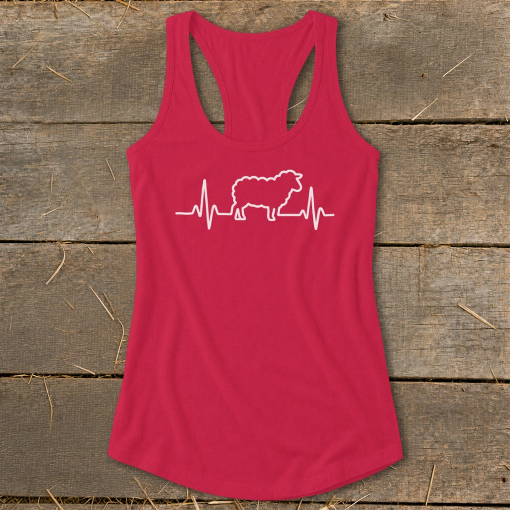 Red racerback tank top featuring a white graphic of a sheep integrated into a heartbeat line.
