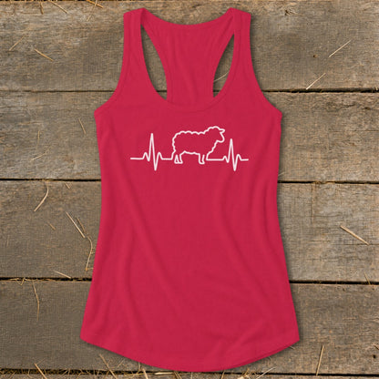 Red racerback tank top featuring a white graphic of a sheep integrated into a heartbeat line.