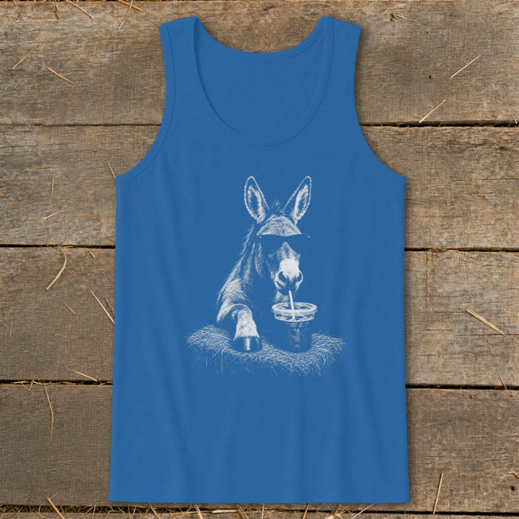 Blue tank top with a white sketch of a donkey wearing sunglasses and drinking from a cup.