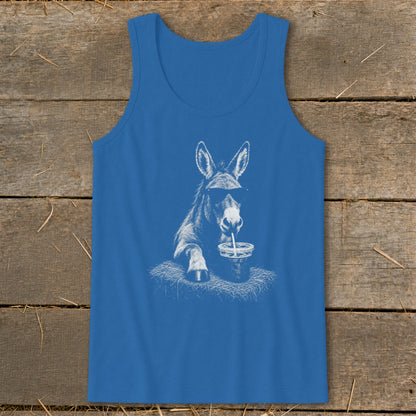 Blue tank top with a white sketch of a donkey wearing sunglasses and drinking from a cup.