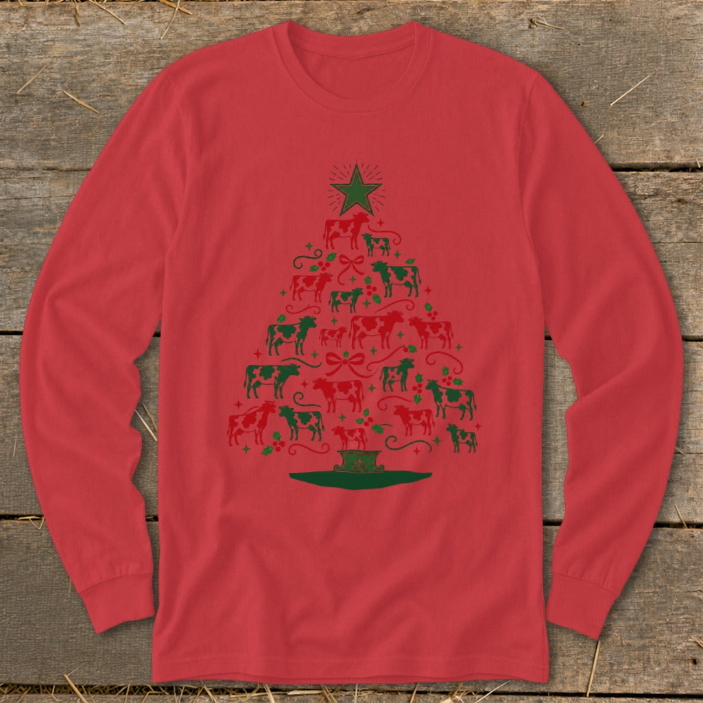Red long-sleeved shirt with a Christmas tree made of red and green cows.