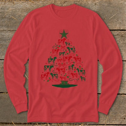 Red long-sleeved shirt with a Christmas tree made of red and green cows.