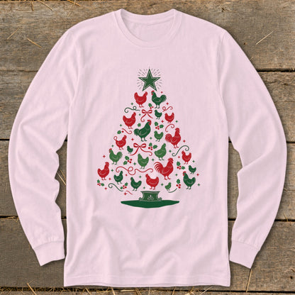 Pink long sleeve shirt with a Christmas tree design made of red and green chickens.