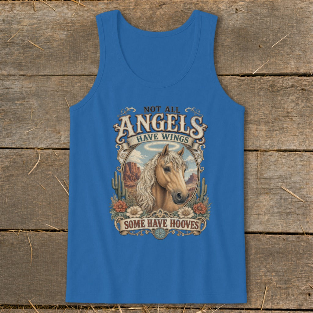 Blue tank top with horse art and text "Not all angels have wings, some have hooves."