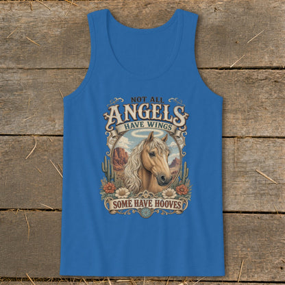 Blue tank top with horse art and text "Not all angels have wings, some have hooves."