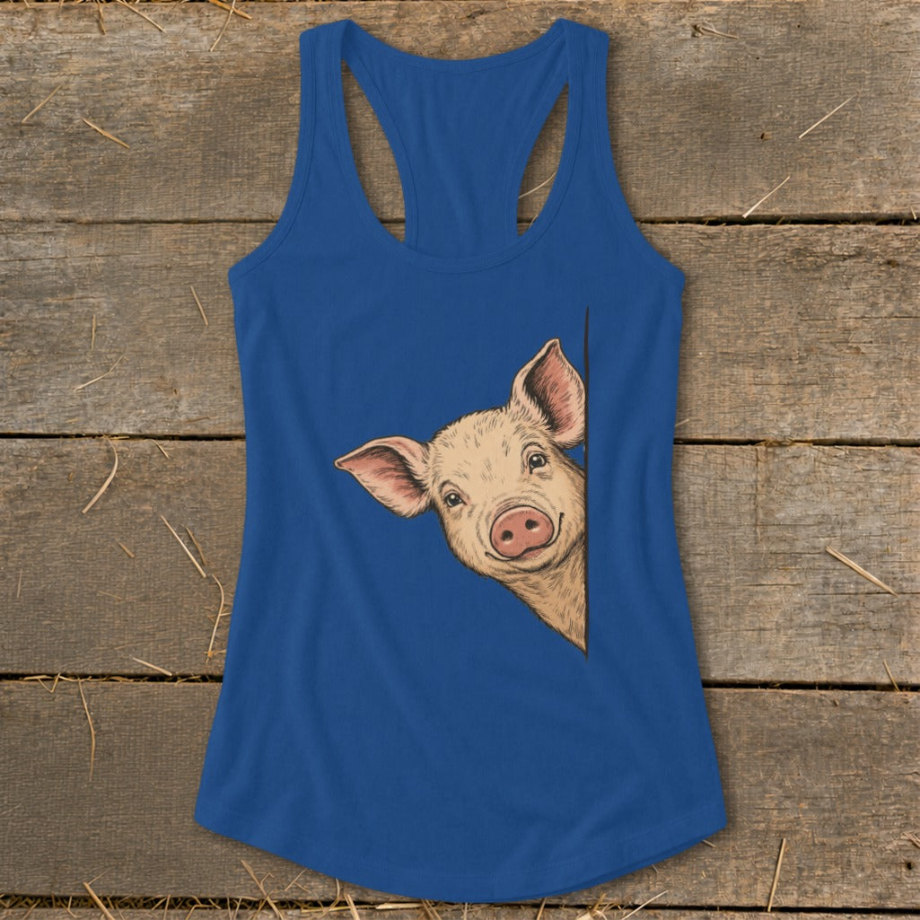 Blue tank top with a drawing of a pig peeking from the side.