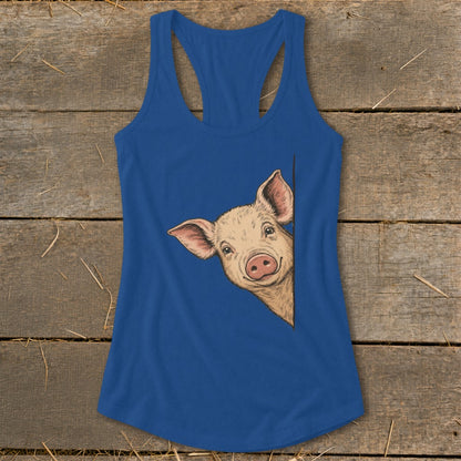 Blue tank top with a drawing of a pig peeking from the side.