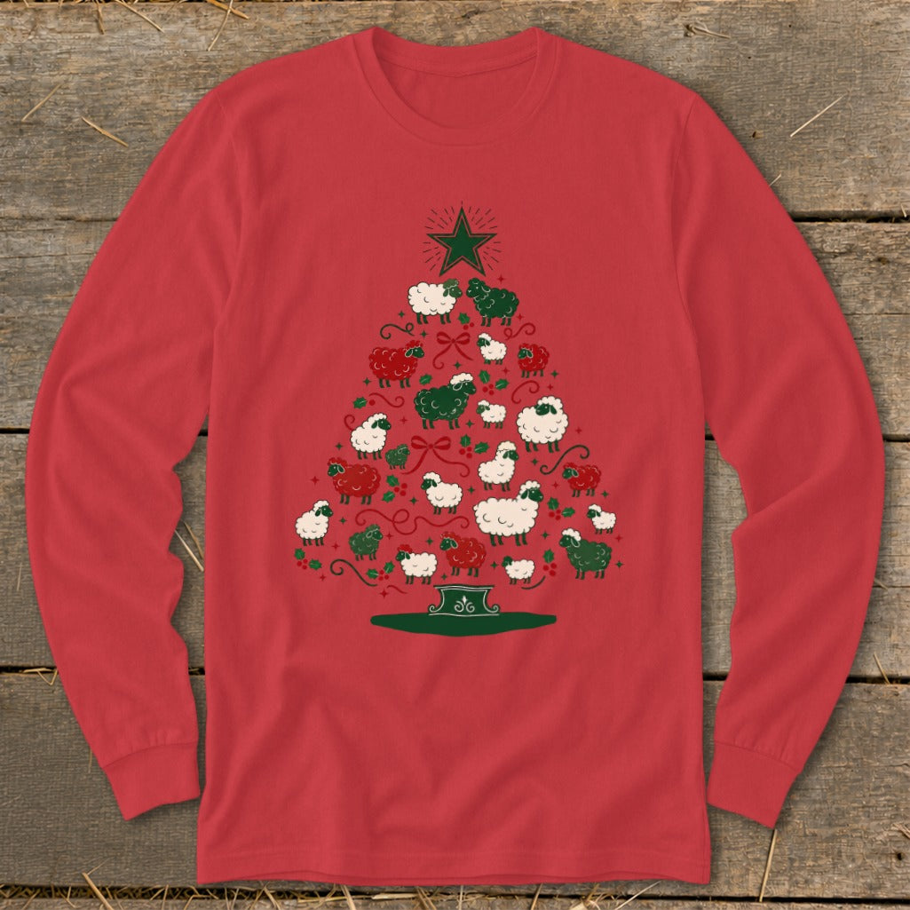 Red long-sleeve shirt with a Christmas tree made of sheep and festive accents.