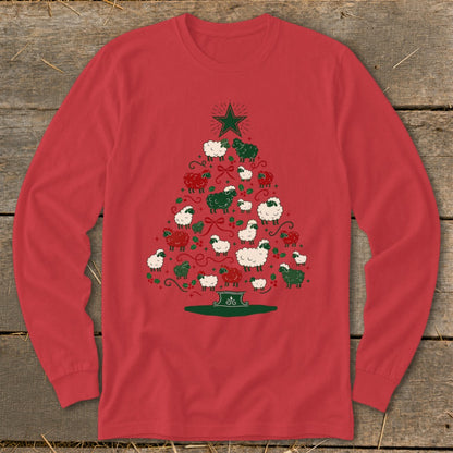 Red long-sleeve shirt with a Christmas tree made of sheep and festive accents.