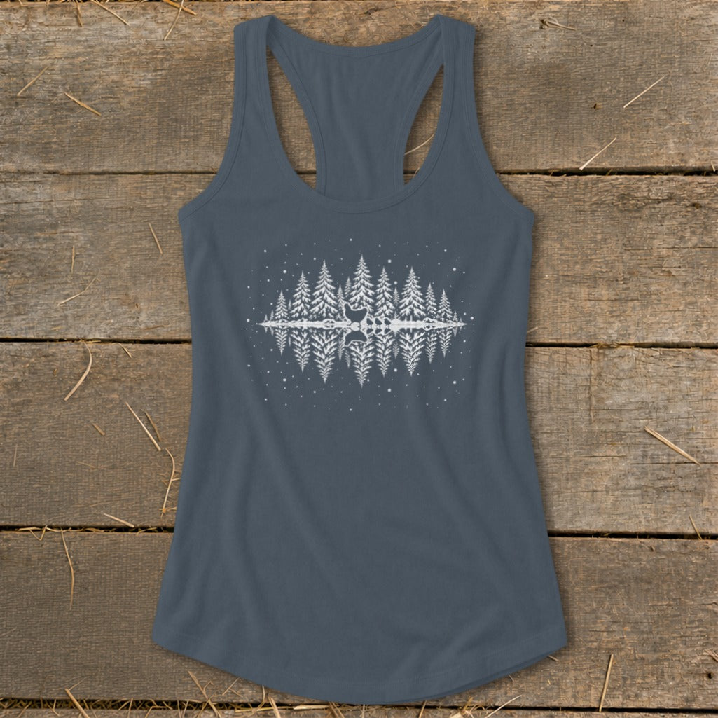Gray tank top with reflected forest and deer graphic
