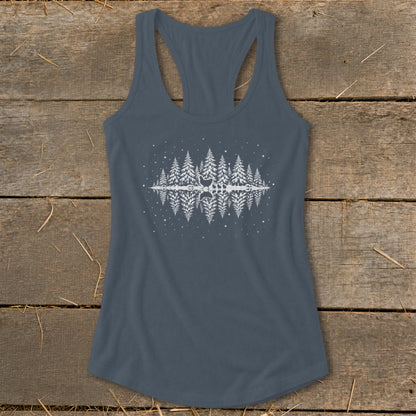 Gray tank top with reflected forest and deer graphic