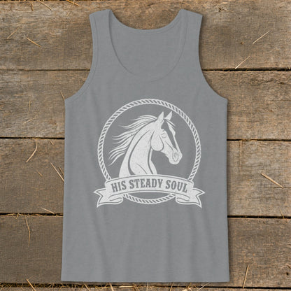 Gray tank top with white graphic of a horse's head in a rope circle and text "HIS STEADY SOUL".